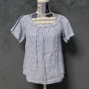 J Crew Blouse Womens XS Blue White Stripe Off the Shoulder Short Sleeve Top